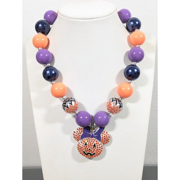 Halloween Minnie Mouse Chunky Bead Statement Necklace Orange Purple 18 in - Picture 1 of 9